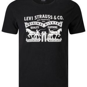 חולצת טישרט ליוייס בצבע שחור עם לוגו גדול של המותג הדפס סוסים לבנה LEVIS